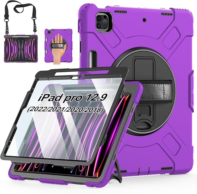 Case for iPad Pro 12.9 2022/2021/ 2020/2018: Cover for iPad Pro 12.9 6th/ 5th/ 4th/ 3rd Generation with Screen Protector- Stand- Pencil Holder- Handle- Shoulder Strap Purple