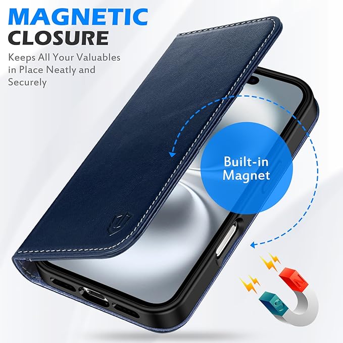 SHIELDON Wallet Case for iPhone 16 5G 2024, Genuine Leather Folio Book Magnetic Closure RFID Blocking Card Slots Kickstand Full Protection Case Compatible with iPhone 16 6.1" - Retro Dark Blue