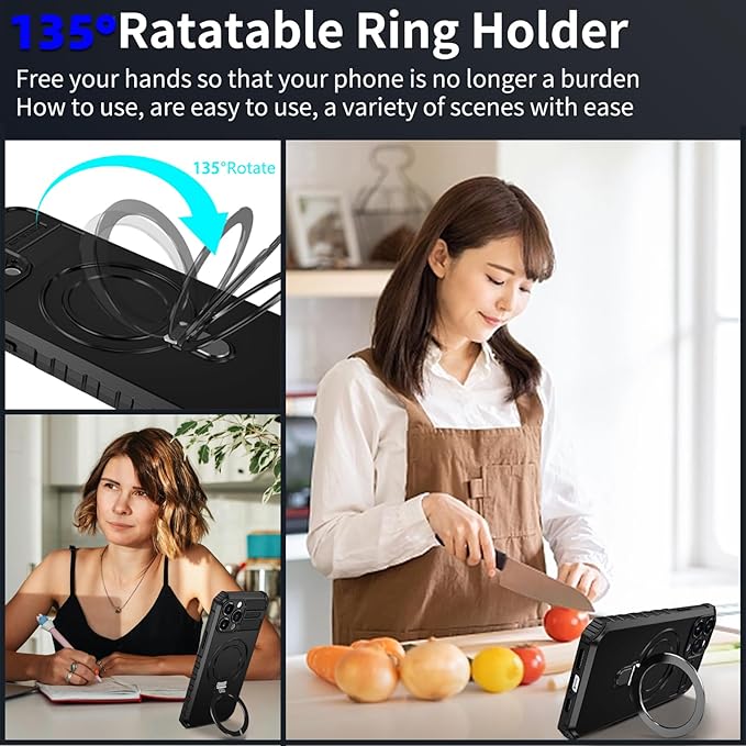 for iPhone 13 Pro Case Magnetic Compatible with MagSafe Wireless Charging,with 2 Screen Protector,with Kickstand Ring Shockproof Shock-Absorbent Heavy Duty Protection Scratch Resistant Black