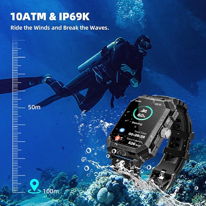 Military Smart Watch for Men (Answer/Dial Call) 680mAh Battery Tactical Rugged IP69 Waterproof Indestructible Smartwatch for Android Phones Fitness Tracker with Blood Pressure Heart Rate