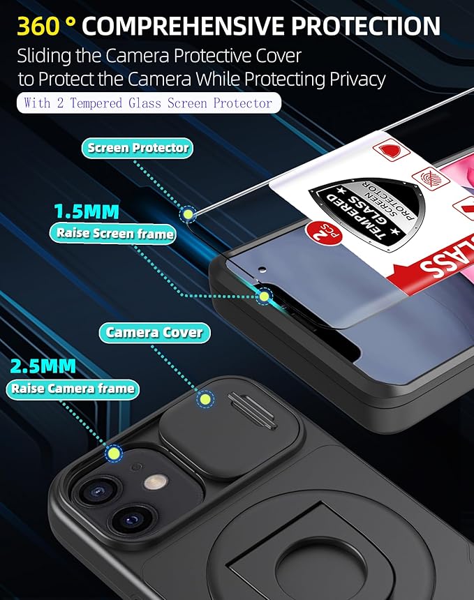 for iPhone XR Case/for iPhone 11 Case Compatible with MagSafe Magnetic,with 2 Screen Protector,with Camera Cover&Kickstand Ring,Military Grade Drop Shockproof Heavy Duty Protection Phone Black