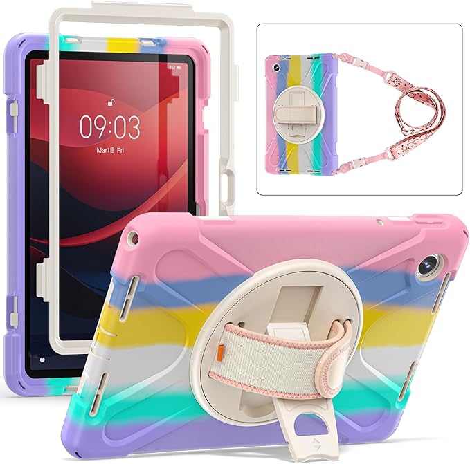 TSQQST Case for Lenovo Tab M11/ K11 LTE 2024 TB-330FU/TB330XU for Kids Girls, Full Body Drop Proof Case for Lenovo Xiaoxin Pad 2024 (TB331FC), 360° Rotate Stand &Hand Strap | Colorful Pink