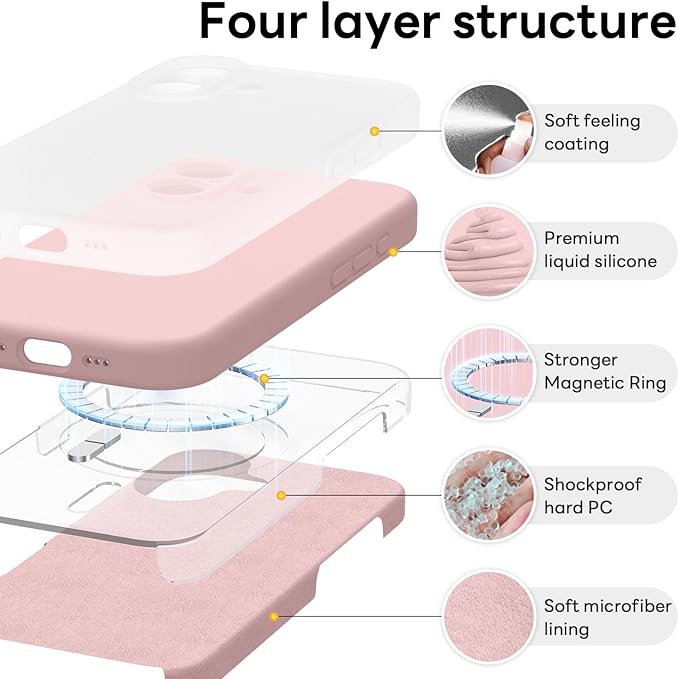 Vooii Magnetic Compatible with iPhone 17 Case (Compatible with Magsafe) (Upgraded Camera Protection) Liquid Silicone Shockproof Full Body Protective Phone Cover for Women Men, Pink Sand, 6.3"