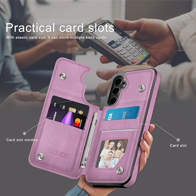 DJDUCK Designed for Samsung Galaxy S25 Case Wallet with Card Holder, [Magnetic Clasp Cover] [RFID Blocking Leather Protection] Shockproof Women Men Cases for Samsung S25 Light Purple