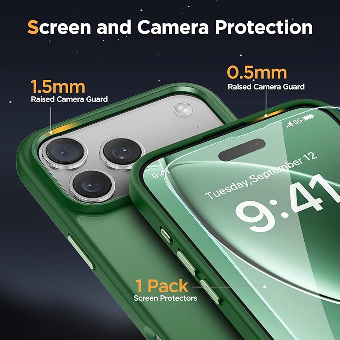 Miracase Magnetic for iPhone 17 Pro Max Case with Screen Protector [Compatible with MagSafe] Slim Thin Phone Case Military-Grade Protected for 17 ProMax Cover Bumper 6.9", Green