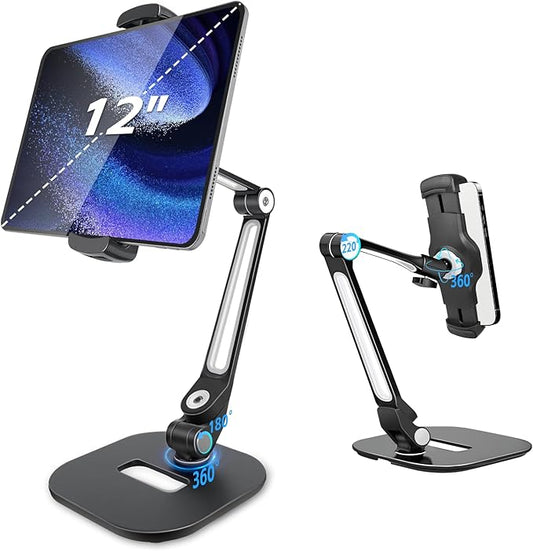 Adjustable Desk Tablet Stand, 360° Swivel iPad Kiosk Stand Fits for 4.7"-12" iPad Air mini Pro, iPhone, Samsung POS, Kindle, Aluminu Alloy Foldable Arm Holder for Store Kitchen Desktop, Black