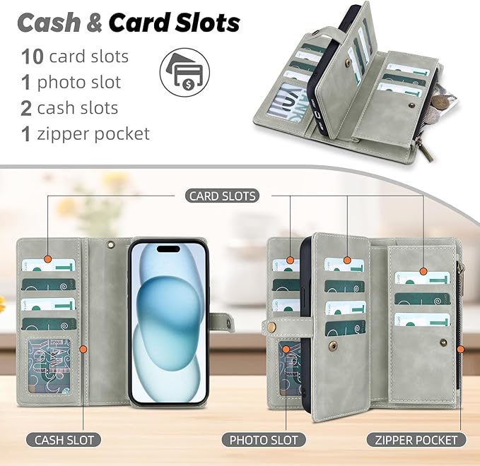 TwoHead Wallet Case Compatible with iPhone 15,Detachable Magnetic Phone Case,All-Round Protective Leather Phone Case with Card Holder,6.1 in,Gray