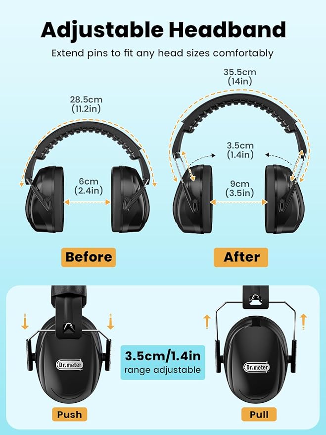 Dr.meter Hearing Protection Ear Muffs, 31dB Noise Reduction Safety Earmuffs with Adjustable Headband for Adults Kids Autism Sensory, Ear Muff for Yard Work, Mowing or Hunting -Pure Black