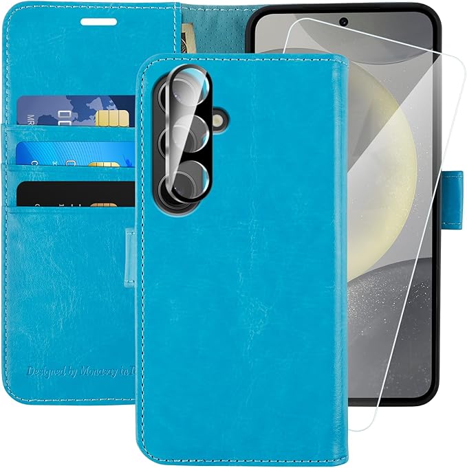 MONASAY Wallet Case Fit for Samsung Galaxy S24+ Plus 5G, [Lens & Glass Screen Protector Included] [RFID Blocking] Flip Folio Leather Cell Phone Cover with Credit Card Holder，6.7 inch, Light Blue
