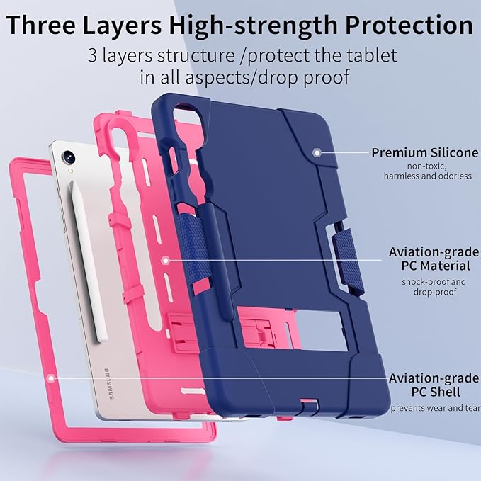 case for Galaxy Tab S10 FE / S9 (2023) 11" / S9 FE / S7 / S8 Case, Soft Silicone & Hard Pc 3-Layer Military Protector Cover for Tab S10 FE with S-Pen Holder Stand Navy Blue+Rose Red