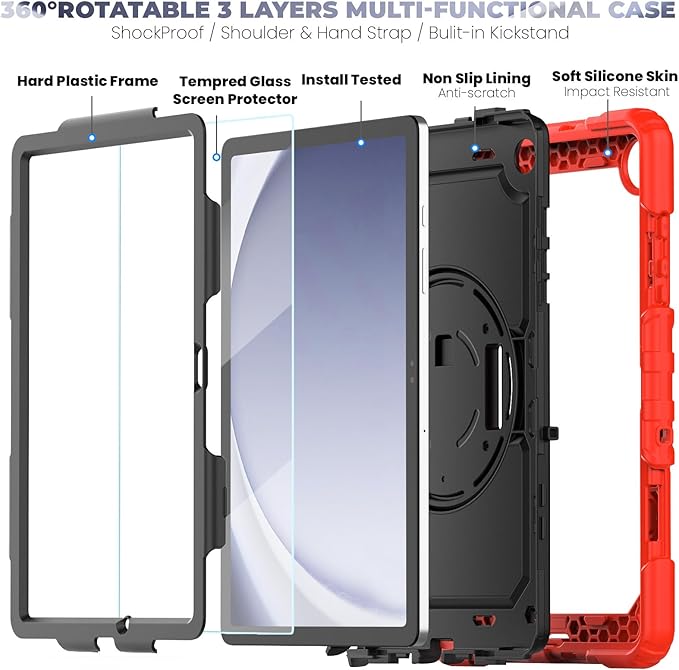 BLOSOMEET Case for Samsung Galaxy Tab A9 Plus with Tempered Glass Screen Protector Shoulder Strap Pencil Holder,Red