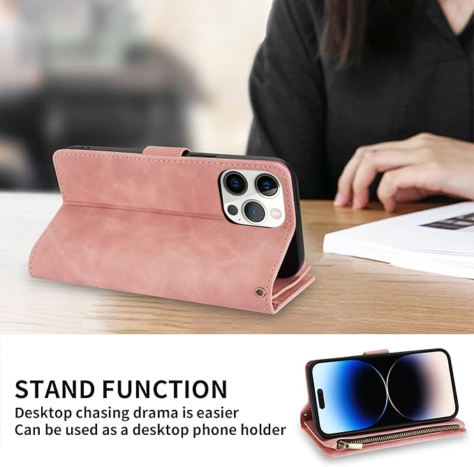 ZZXX for iPhone 14 Pro Max Case Wallet with [RFID Blocking] Card Slot Soft PU Leather Zipper Flip Folio with Wrist Strap Kickstand Protective Cover for iPhone 14 Pro Max Wallet Case(Pink-6.7 inch)