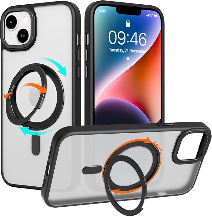 ZIYE Magnetic Case for iPhone 14 Plus Case with Stand [Compatible with MagSafe] Slim Shockproof Military Grade Heavy Duty Cover with 360 Rotatable Ring Kickstand for Women Men, Translucent Black