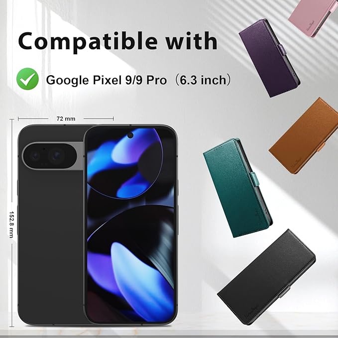 Wallet Flip Case for Google Pixel 9/9 Pro - [RFID Blocking] Luxury PU Leather Card Holder Magnetic Phone Cover with Kickstand,Shockproof Protective Case,Black