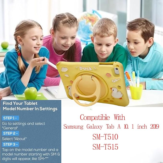 3D Cute Press Duck Case for Samsung Galaxy Tab A 10.1 inch 2019 SM-T510/T515(Not for Other 10.1 inch Tablet),Kawaii Cartoon Duck Soft Silicone Rotating Stand Case with Lanyard for Kids Teens Girls