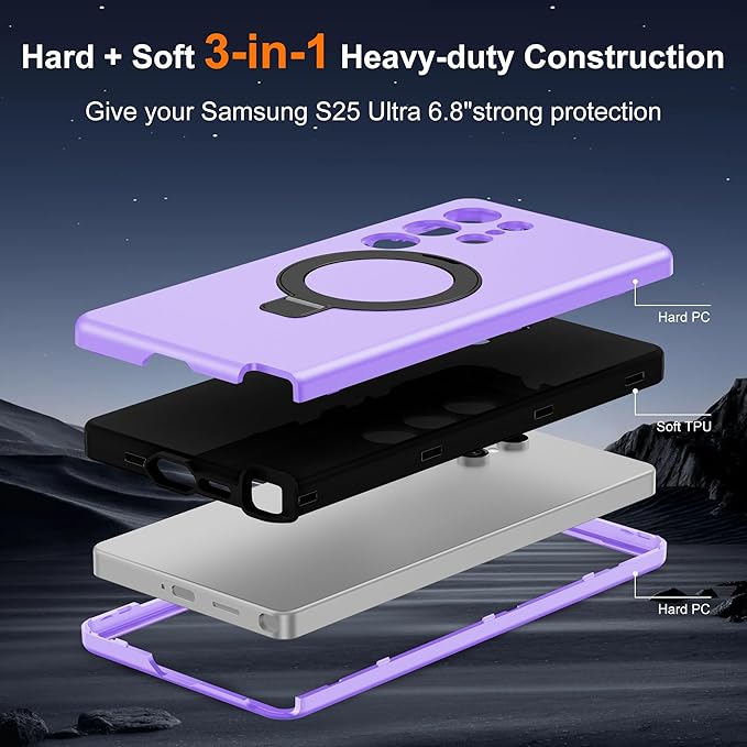 Designed for Samsung Galaxy S25 Ultra Case with Magnetic Ring Stand [Compatible with Mag-Safe][Military Grade Drop Protection][Build in Kickstand] S25 Ultra Phone Case 6.9",Light Purple