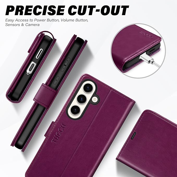 TUCCH Case Wallet for Galaxy S25 FE 5G, Kickstand [RFID Blocking] 4 Card Holder, Folio Magnetic PU Leather [TPU Shockproof Interior Shell] Protective Cover (6.7") 2025, Plum Purple