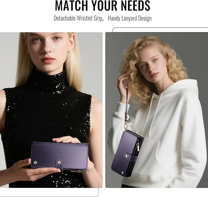 Vinich for Samsung Galaxy Z Fold 7 Wallet Case with Card Holder, Detachable Strap RFID Blocking Credit Slots Kickstand Shockproof Phone Cover for Women Men, Purple