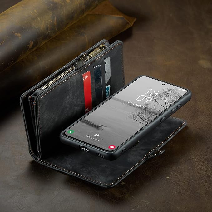 SZHAIYU 2 in 1 Detachable for Samsung Galaxy S23 Wallet Case with Card Holder, Retro Premium Flip Leather Cover Magnetic Zipper Pocket Phone Cases 6.1'' (Black,S23)