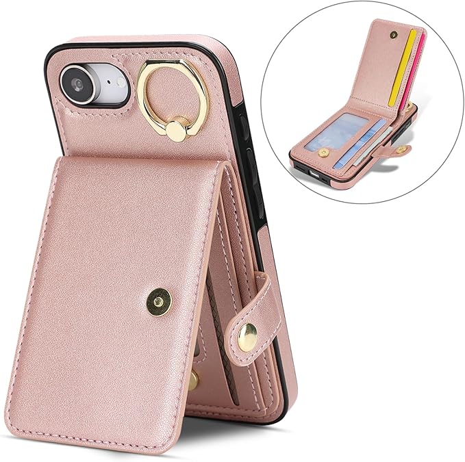 Compatible iPhone 16e Wallet Case with Card Holder RFID Blocking PU Leather Doubles as a Wallet Unisex Flip Shockproof Protection with Card Slots Ring Wrist Kickstand Function,Rose Gold