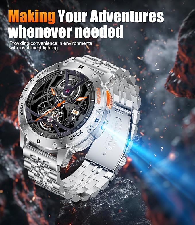 Smart Watches for Men(3 Straps),1,43'' AMOLED Military Smart Watch for Men with LED Flashlight/530mAh Large Battery/5ATM Waterproof,Fitness Tracker Smartwatch with Answer/Make Call Silver