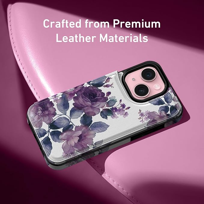FUNMIKO for iPhone 15 Wallet Case with Card Holder, RFID-Blocking, Military-Grade Protection & UV-Printed Artwork, Magnetic Closure with Leather Kickstand - Elegant Purple Floral