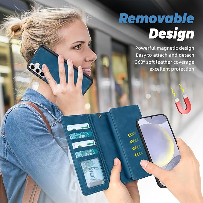 TwoHead for Samsung Galaxy S24 Plus Wallet Case with Card Holder,Detachable Magnetic Phone Case for Galaxy S24 Plus,PU Leather All-Round Protective Phone Cover Wallet with Strap(6.6 in,Navy Blue)