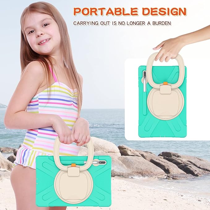 360 Rotation Portable Case for Galaxy Tab S8+/S7 FE/S7+ 12.4 Inch Case with S Pen Holder Rugged Case Rotating Stand Hand Strap Shoulder Carrying Strap Outdoor Cover (MintGreen)
