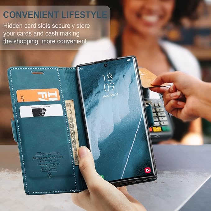 for Samsung Galaxy S22 Ultra Case, Flip Wallet Leather Case with Card Holder Magnetic Closure Shockproof Kickstand Protective Phone Cases Cover for Samsung S22 Ultra,Blue-Green