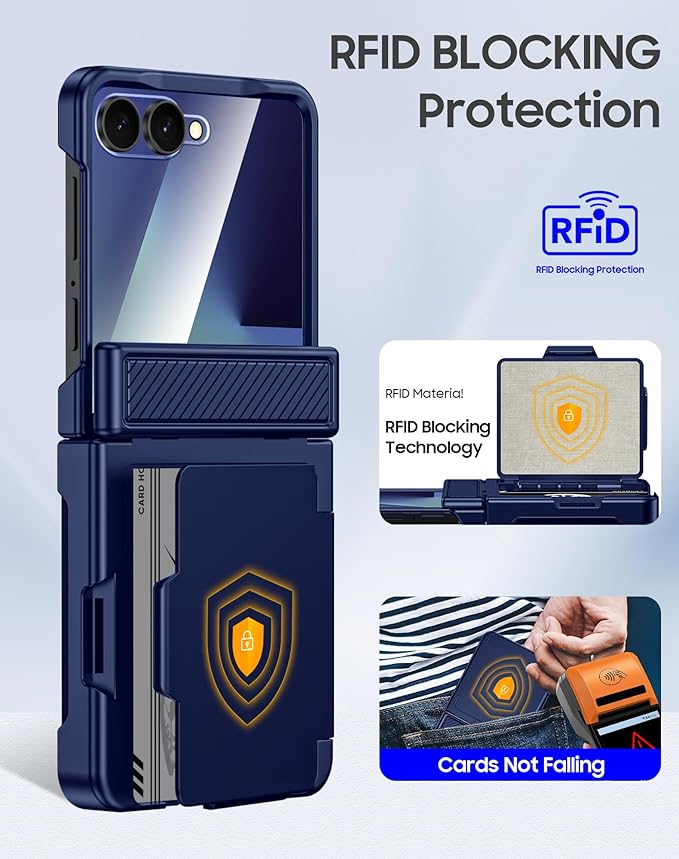for Samsung Galaxy Z Flip 7 Case Wallet RFID Card Holder&Hinge Protection&HD Screen Protector, Full Body Shockproof Cover for Galaxy Z Flip 7(Blue)