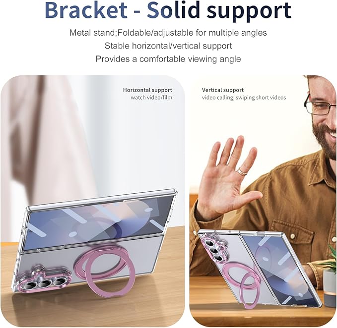 for Samsung Galaxy Z Fold 7 Case with Magnetic Ring Holder, 360 Rotating Bracket, Built-in Front Screen Len Protector, Anti-Yellowing & Anti-Fingerprint Crystal Clear Case.(Pink)