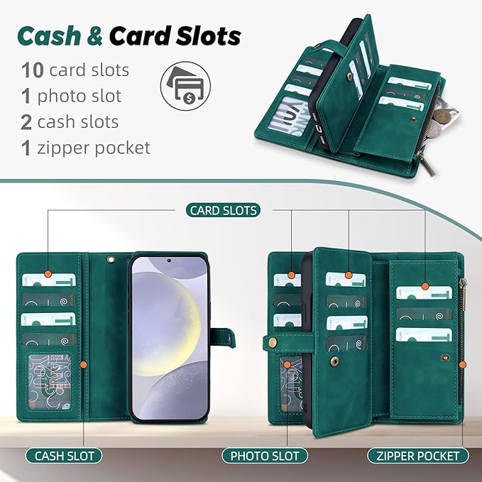 TwoHead for Samsung Galaxy S24 Plus Wallet Case with Card Holder,Detachable Magnetic Phone Case for Galaxy S24 Plus,PU Leather All-Round Protective Phone Cover Wallet with Strap(6.6 in,Green)