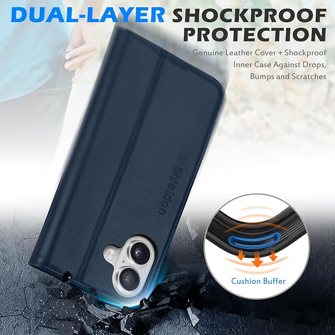 SHIELDON Wallet Case for iPhone 17 6.3-inch 2025 | Genuine Leather | Foldable | RFID Blocking Credit Card Holder | Kickstand | Magnetic Closure | Shockproof TPU Phone Cover | Navy Blue