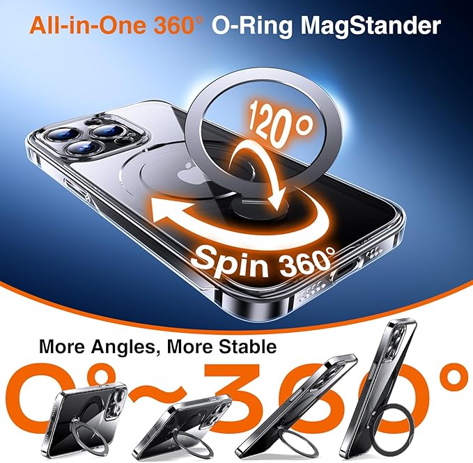360° O-Ring MagStander for iPhone 14 Pro Case with Magnetic Kickstand Ring Holder [Compatible with MagSafe][360°Rotate Stand Ring][Military Shockproof] iPhone 14 Pro Phone Cover Clear