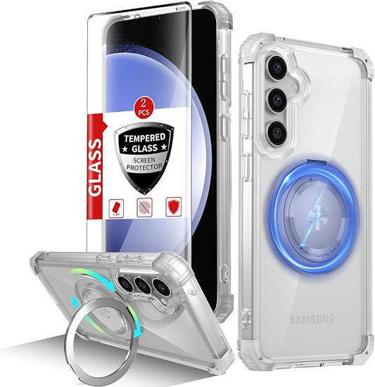 Magnetic for Samsung Galaxy S23 FE Case Compatible with MagSafe Wireless Charging,with 2 Screen Protectors,S23 FE Phone Case with 360°Kickstand Shockproof Military Grade Drop Protection Clear