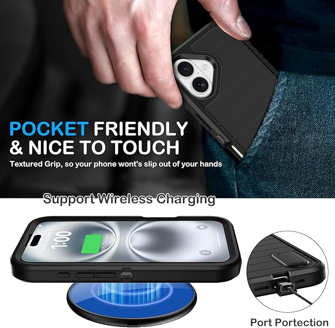 for iPhone 16 Case with 2 Screen Protectors,Heavy Duty Shockproof Drop Protection Military Grade Tri-Layer Rugged Cell Phone Cover with Built-in Invisible Kickstand 6.1“ (Black)