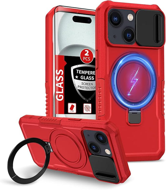 for iPhone 15 Case Magnetic Compatible with MagSafe Wireless Charging,with 2 Screen Protectors,for 15 Case Built-in Kickstand+Camera Cover Anti-Scratch Shockproof Heavy Duty Protection Red