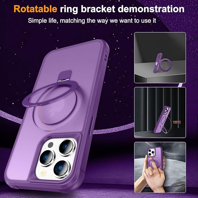 Magnetic Compatible with iPhone 15 Pro Case with Stand [Military Grade Drop Tested][Compatible with Magnet] Ring Translucent Slim Hard Back Soft Edge, Purple