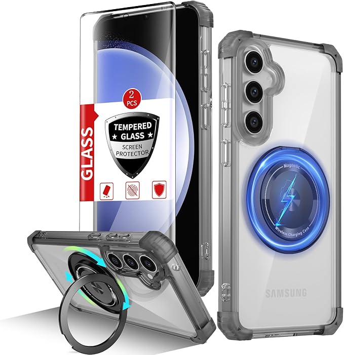 for Samsung Galaxy S23 FE Case Magnetic Compatible with MagSafe,with 2 Screen Protector,Built-in Camera Cover+Stand Ring,Military Grade Drop Shockproof Heavy Duty Protection Phone Bumper Black