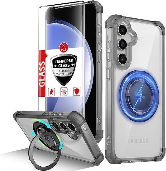 for Samsung Galaxy S23 FE Case Magnetic Compatible with MagSafe,with 2 Screen Protector,Built-in Camera Cover+Stand Ring,Military Grade Drop Shockproof Heavy Duty Protection Phone Bumper Black