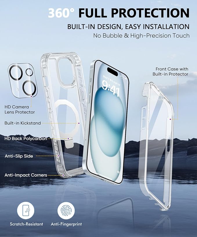 Compatible with iPhone 15 Plus Case, Built-in Screen Protector & Seamless Stand, with Camera Lens Protector, Strong Magnetic Clear Phone Case, Full Body Protective Cover for 6.7" (Clear)