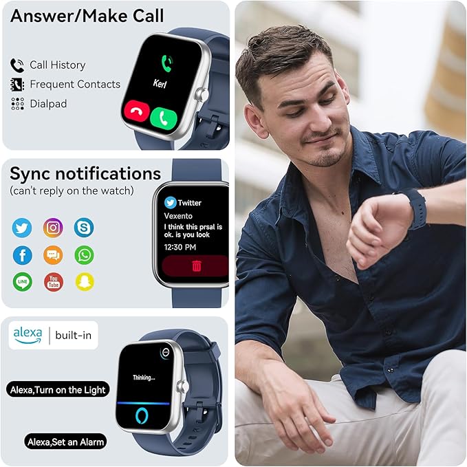 Smart Watch with Alexa Built-in, 1.83" HD Touchscreen, Bluetooth Calling Fitness Tracker, Health Monitor Heart Rate/Sleep Tracking, IP68 Waterproof, 120+ Sports Modes for Android iPhone (Blue)