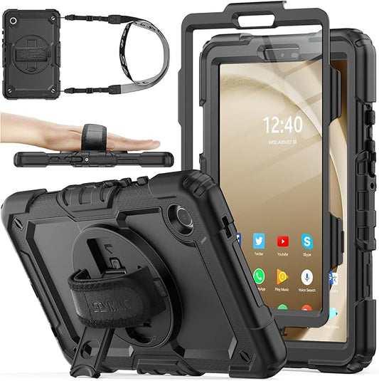 SEYMAC stock Case for Samsung Galaxy Tab A9 8.7'', Full-Body Drop Protection Case with Screen Protector Pencil Holder [360° Rotating Hand Strap] &Stand, Black