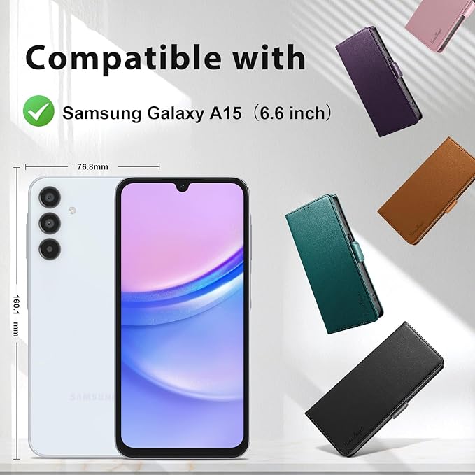 Wallet Flip Case for Samsung Galaxy A15 5G - [RFID Blocking] Luxury PU Leather Card Holder Magnetic Phone Cover with Kickstand,Shockproof Protective Case,Black