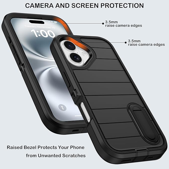 for iPhone 16 Case with 2 Screen Protectors,Heavy Duty Shockproof Drop Protection Military Grade Tri-Layer Rugged Cell Phone Cover with Built-in Invisible Kickstand 6.1“ (Black)