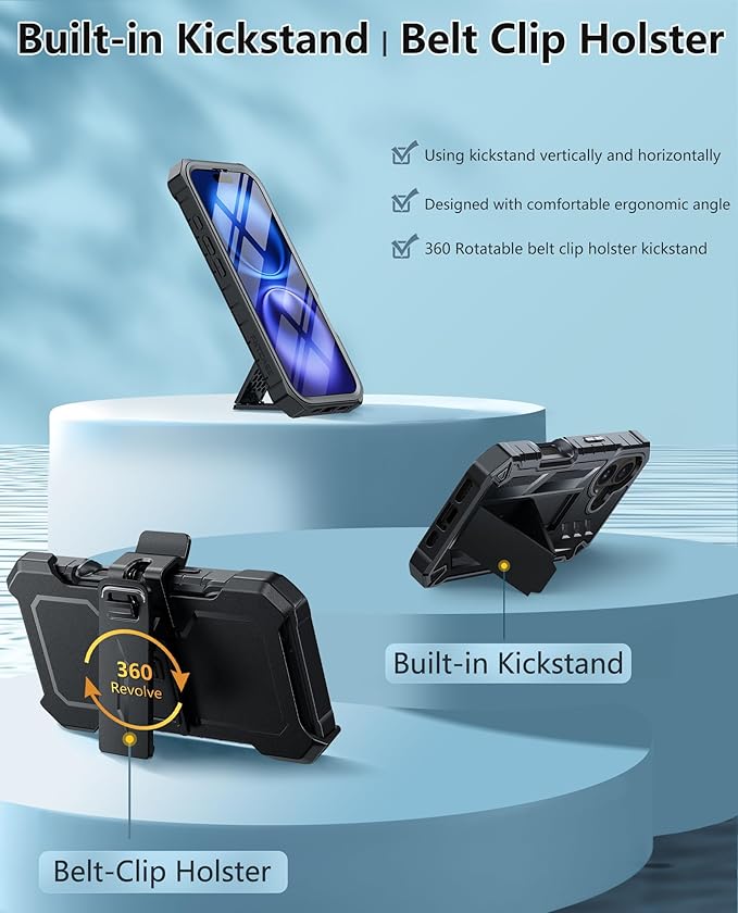 FNTCASE for iPhone 16 Phone Case: Rugged Protective Belt Clip Holster Heavy Duty with Built in Kickstand & Built-in Screen Protector | 360 Full Protection Shockproof Cover, 6.1inch (Black)
