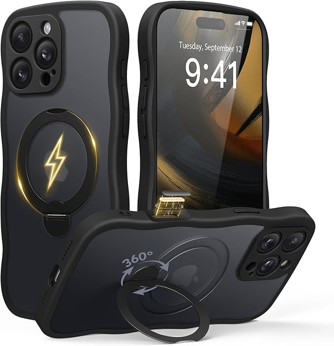GolbinBox for iPhone 16 Pro Max Case for Women,[Compatible with Magsafe][360° Spin Magnetic Stand][Cute Wave Edge][Military-Grade Protection] Translucent Matte Phone Case for iPhone 16 ProMax, Black