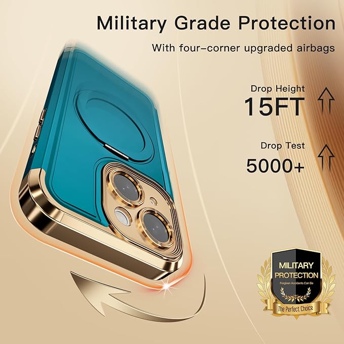 COOLQO for iPhone 14 Case 6.1'' Upgraded 360° Spin Magnetic Stand [Compatible with Magsafe][Military Grade Drop Protection] Shockproof Protective Phone Holder Cover for iPhone 14, Green Gold