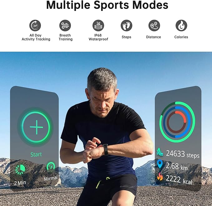 Health Fitness Tracker, Smart Watch with 24/7 Heart Rate and Blood Oxygen Monitor, Sleep Tracker with IP68 Waterproof, Activity Tracker Pedometer Step Counter for Women Men (Black)