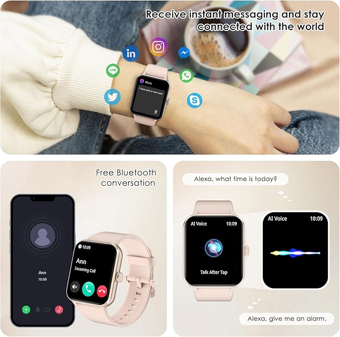 IOWODO Smart Watch(Answer/Make Call), 1.85" Smart Watches for Women, 100+ Sport Modes, Pedometer, IP68 Waterproof Fitness Tracker, Heart Rate/Sleep Monitor, Smart Watches for Android & iOS (2 Straps)